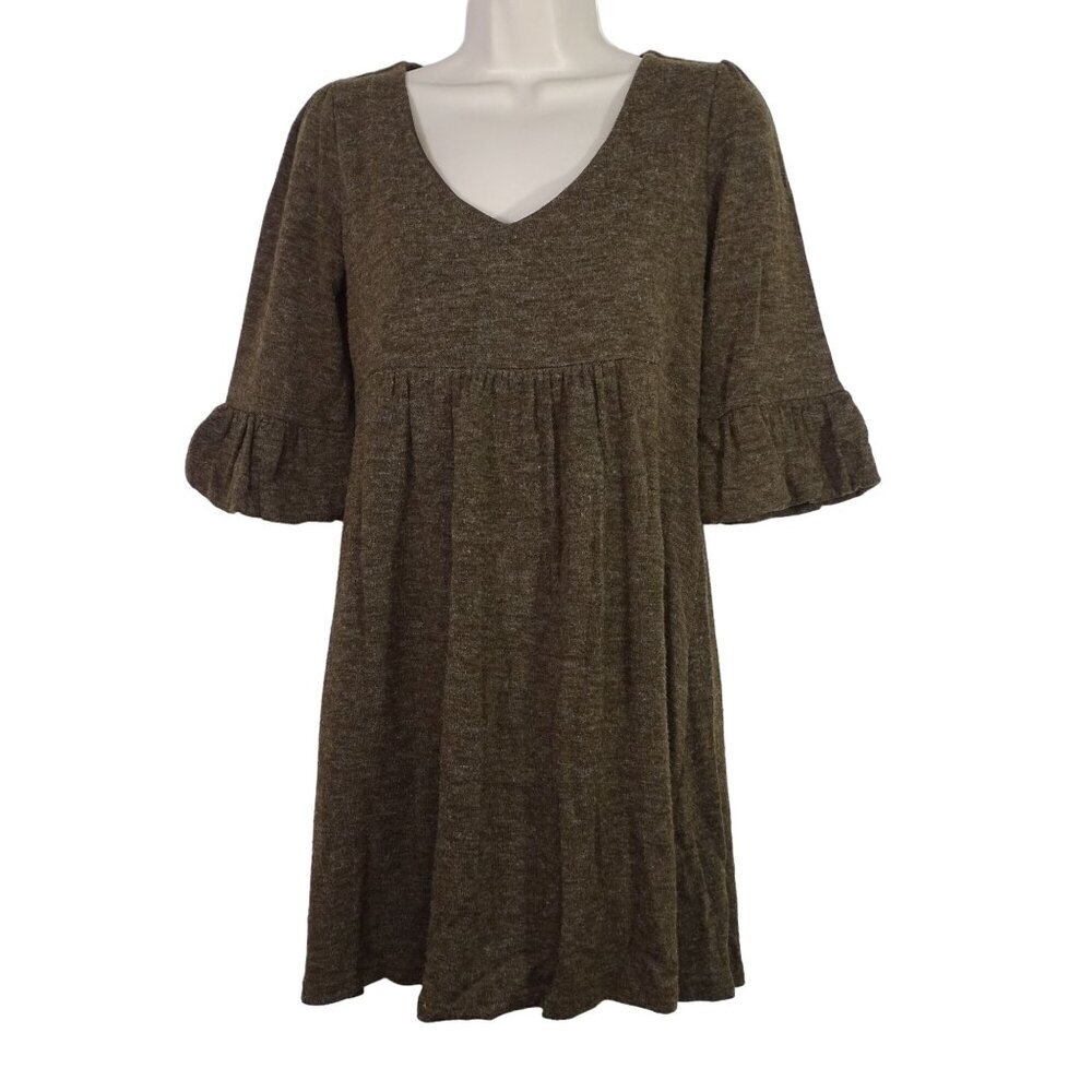 OB2-12 Brown Sweater Knit Dress Women Size S V-Neck Bell Sleeves Winter Fall